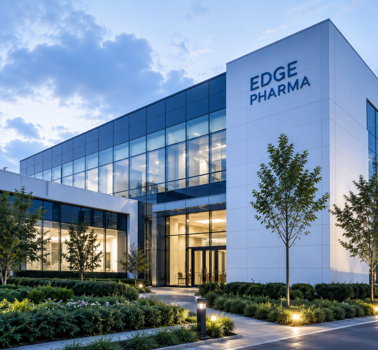 Edge Pharma's modern pharmaceutical headquarters featuring a glass facade and contemporary architecture