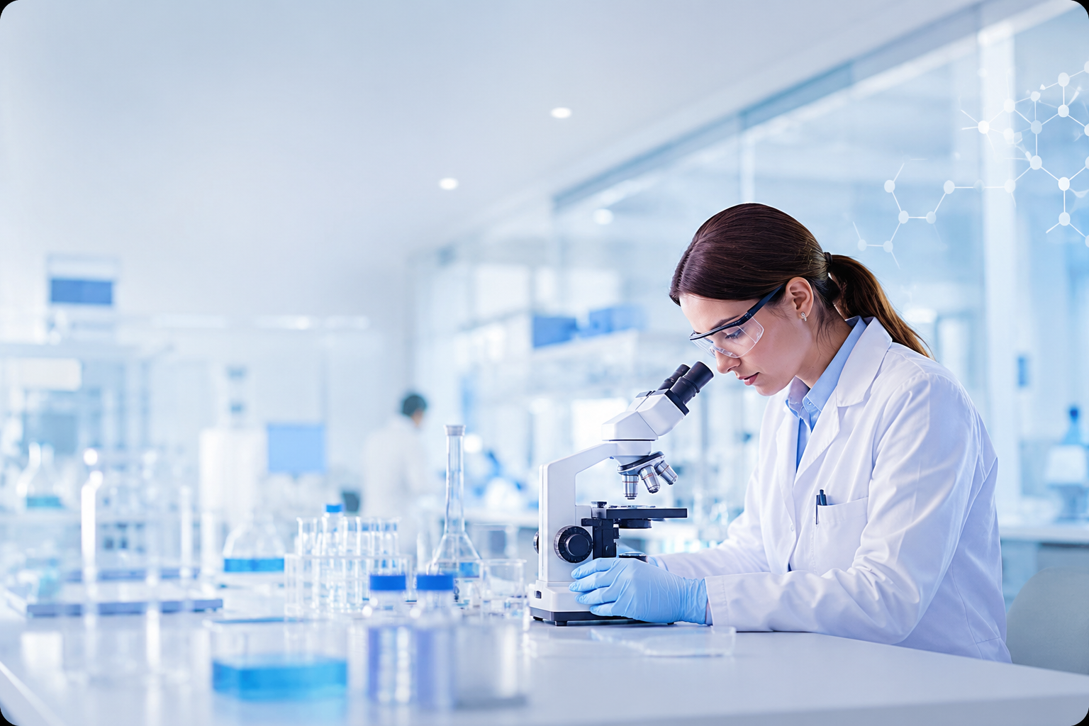 Scientist examining a sample under a microscope in a modern pharmaceutical laboratory