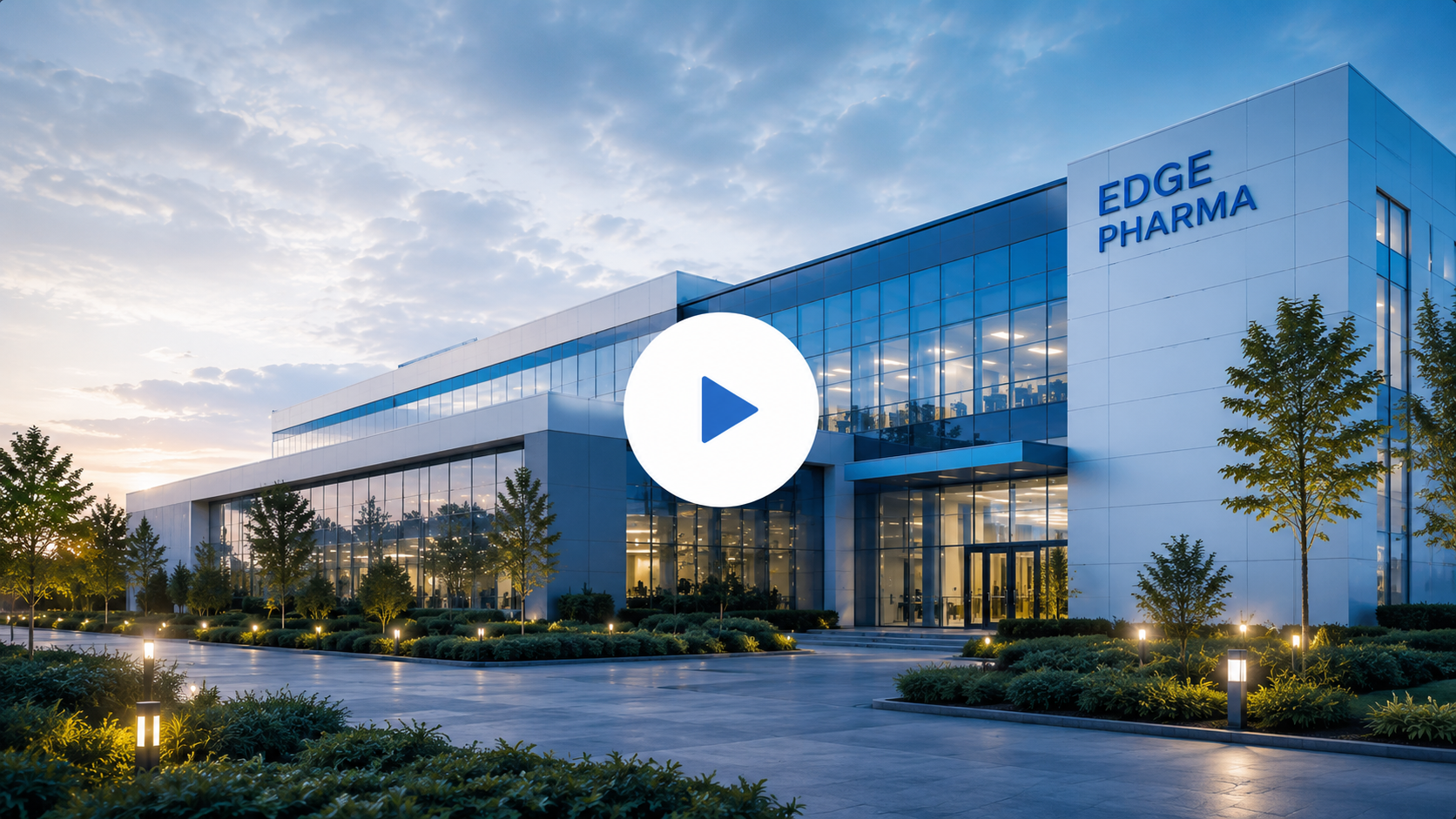 Edge Pharma's headquarters at dusk — watch our company video